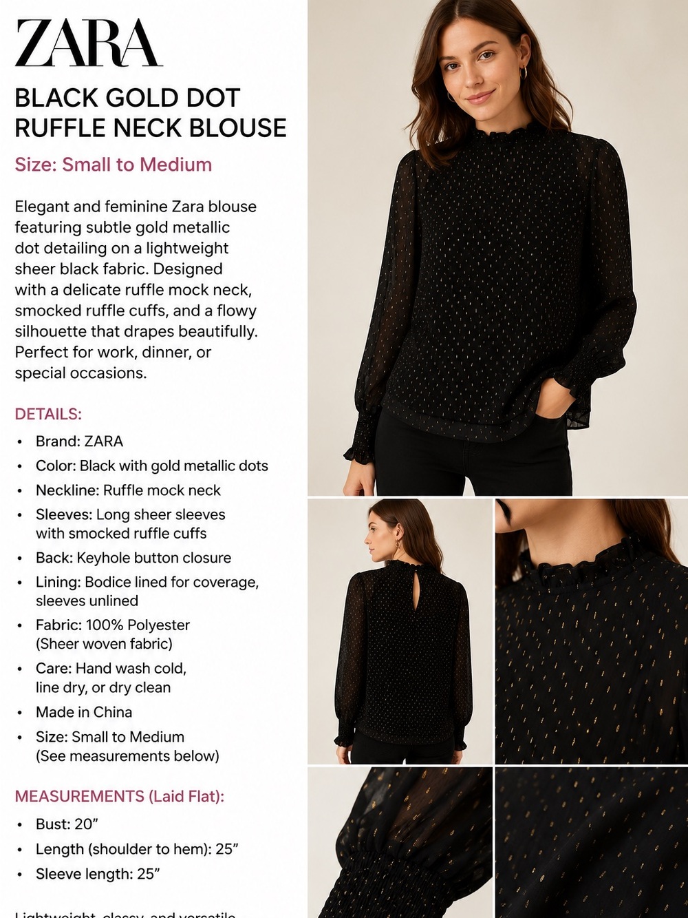 Zara Black Blouse with Gold Dot Ruffle Neck